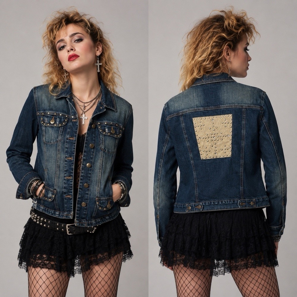 Vintage Y2K Bisou Bisou Studded Denim Jacket Back Design Glam Rocker Punk Sz XL